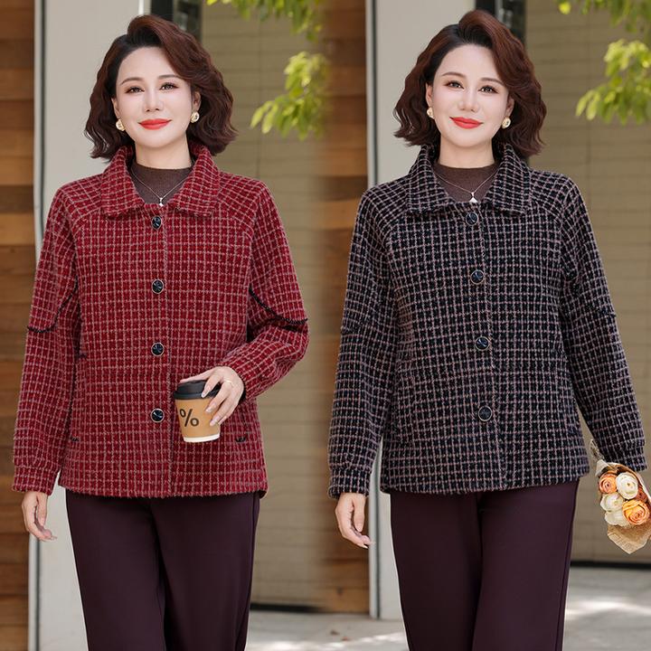 小香风毛呢外套女中年妈妈装时尚2025新款洋气格子短款夹克上衣
