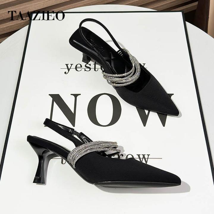 TAAZIEO法式气质水钻一字带包头细跟凉鞋女夏季百搭新款黑色后