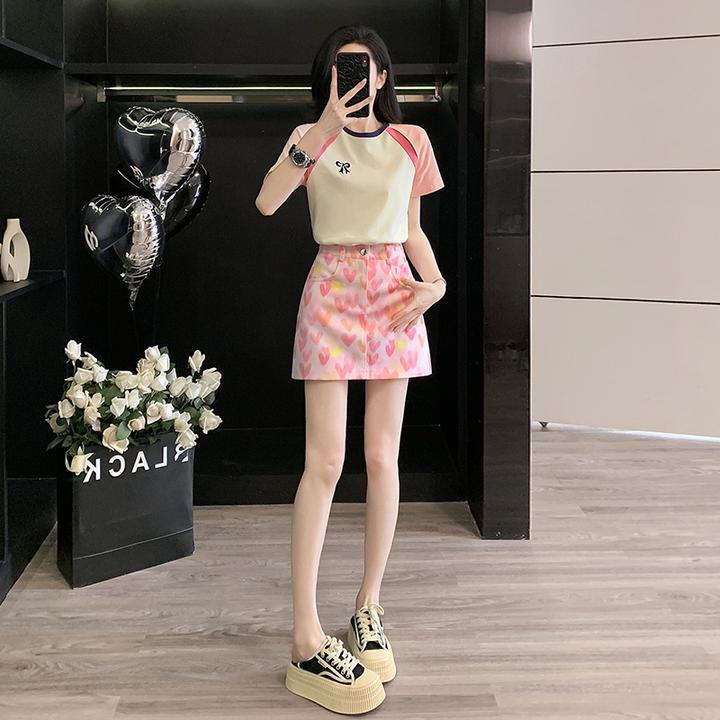 夏季减龄欧货撞色短袖t恤女美式拼接插肩袖上衣小个子辣a字短裙