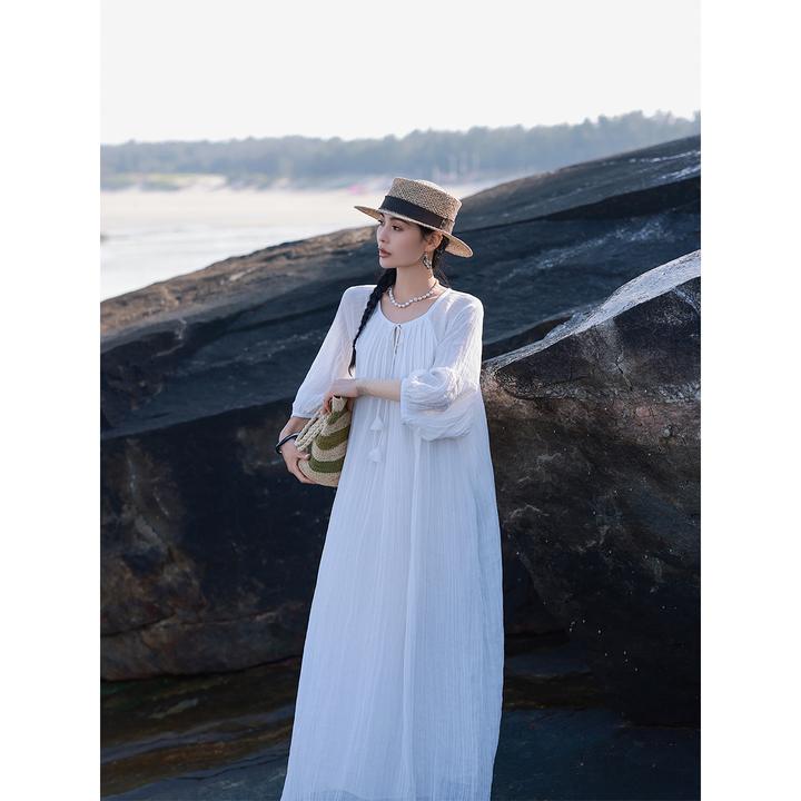 麻霖原创设计夏季新品100%苎麻加捻细皱文艺仙气清凉连衣裙