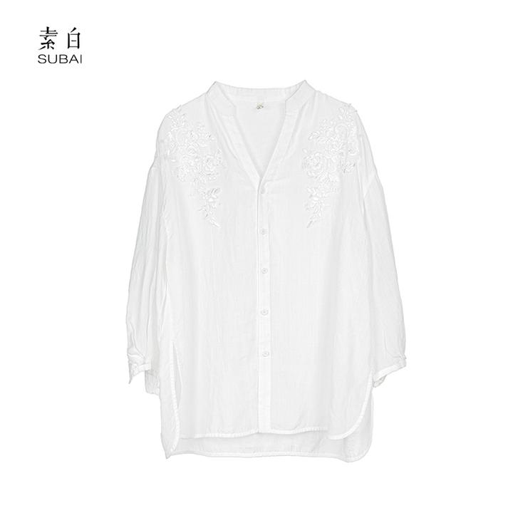 素白苎麻极简【初苎】S01382蕾丝秀片拼接百搭时尚白色衬衫