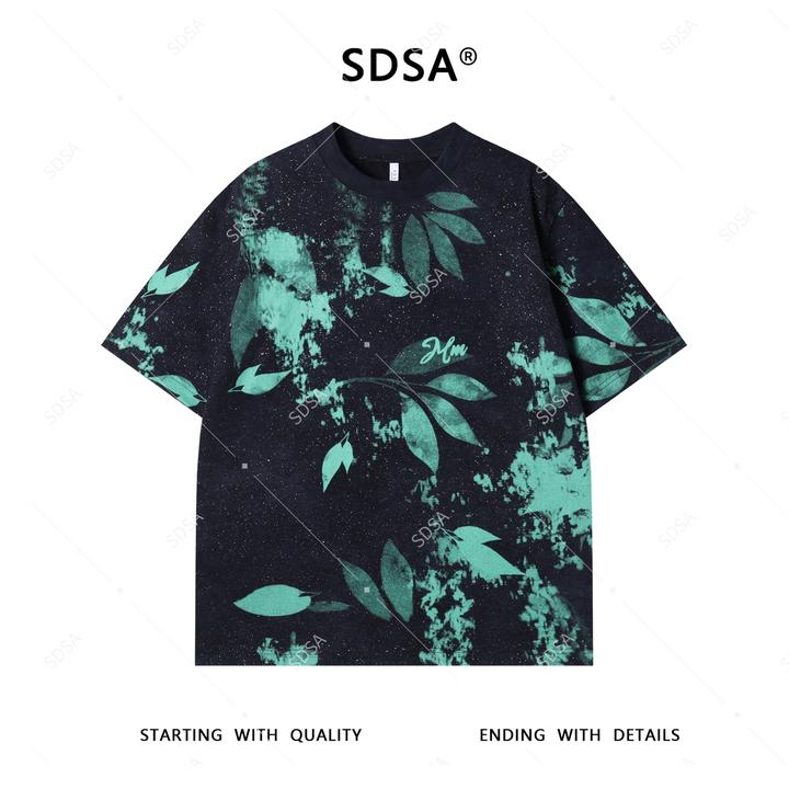 SDSA夏季新款男士痞帅潮牌满天星撞色树叶印花圆领短袖T恤显瘦