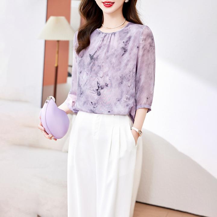 衬衫真丝女夏季新款时尚百搭七分袖高端桑蚕丝洋气减龄碎花小衫