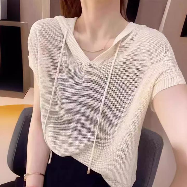 薄款连帽短袖镂空时尚恤新款洋气百搭针织衫抽绳针织上衣女小众炸