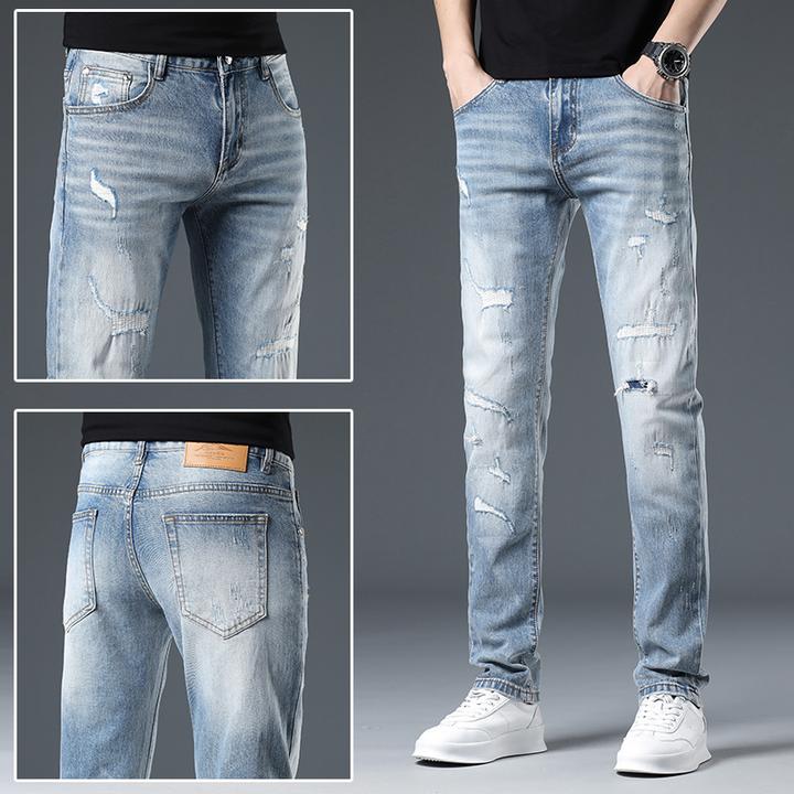 ZONGJIE香港浅蓝色牛仔裤男款秋季新款潮牌破洞修身小脚弹力长裤