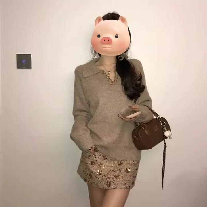 咖色V领毛衣女款2024新款秋冬季加厚慵懒风高级感翻领针织衫上衣