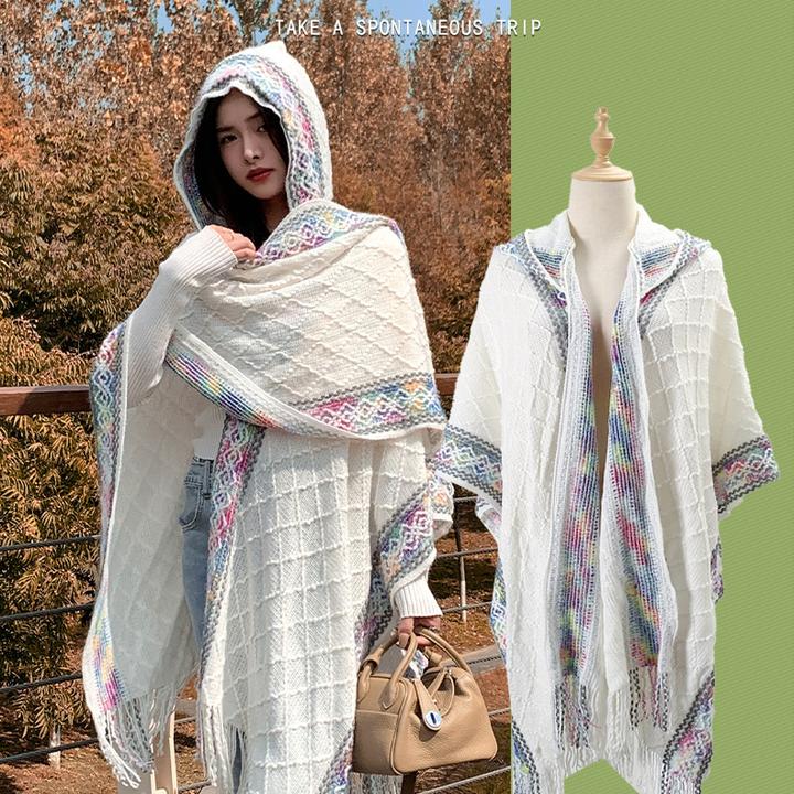 网红同款连帽夏季披肩高级感女士民族风针织外搭披风斗篷云南西北