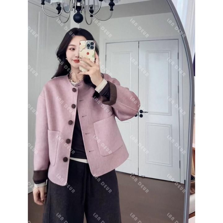 【樱花拿铁】两面穿100%羊毛双面气质时尚休闲圆领宽松短款毛呢外套