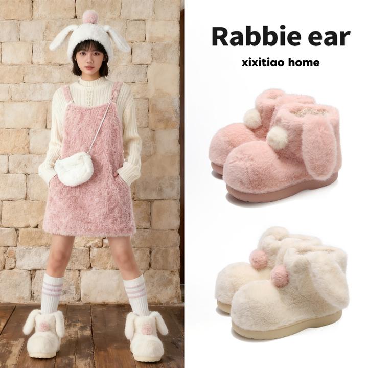 细细条 软萌小兔耳朵毛毛靴子少女心冬季户外可爱雪地靴短筒棉靴
