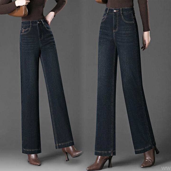 蓝色窄版阔腿牛仔裤女秋冬2025年新款弹力高腰宽松大码女气质裤子