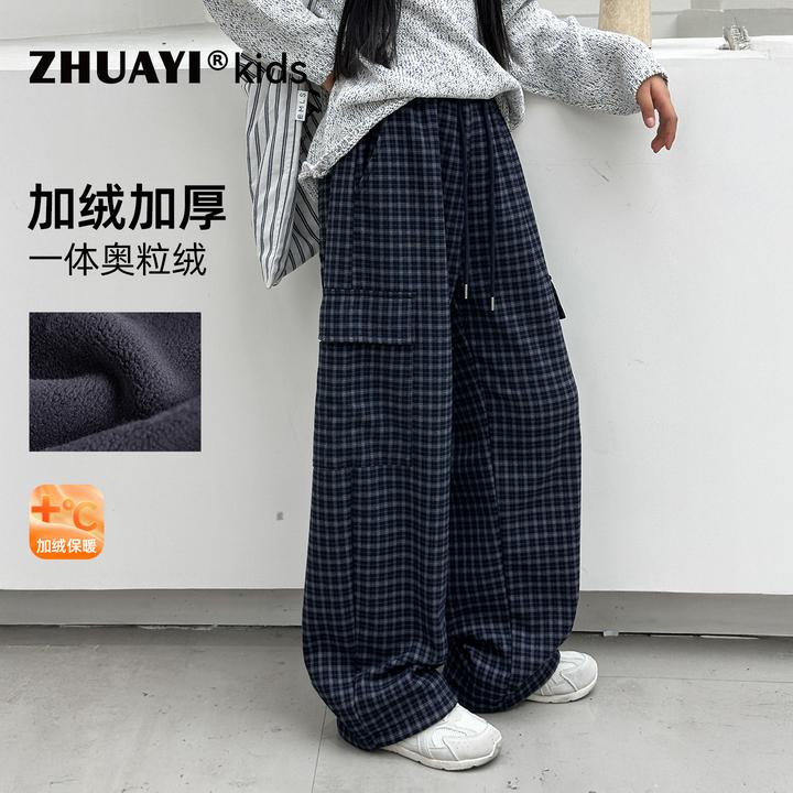 女童秋冬加绒休闲裤2025新款儿童保暖格子工装裤冬款（25409335）4