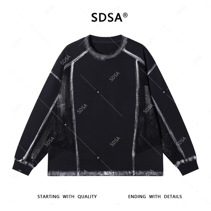 SDSA男士秋冬新款轻奢痞帅男装做旧拼接印花圆领长袖T恤百搭时尚