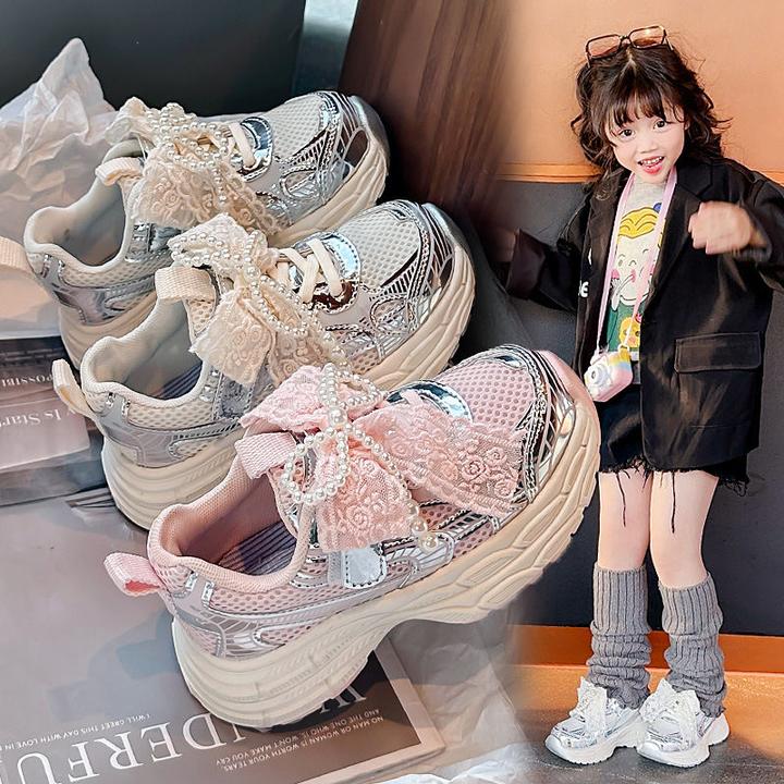 女童可爱运动鞋2025年春夏季新款网面珍珠国风蝴蝶结老爹鞋跑步鞋