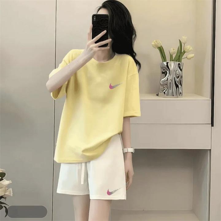 奥特莱斯官方正品夏季套装情侣运动短裤两件ins短袖t恤女遮肚挡肉