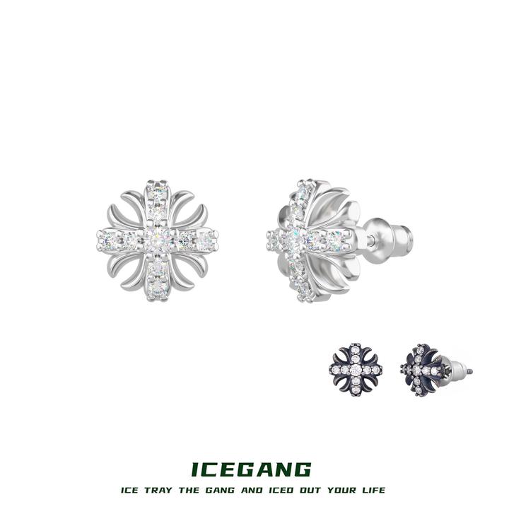 ICEGANG 925银莫桑石耳饰 S925纯银莫桑石鸢尾花十字花耳钉防过敏