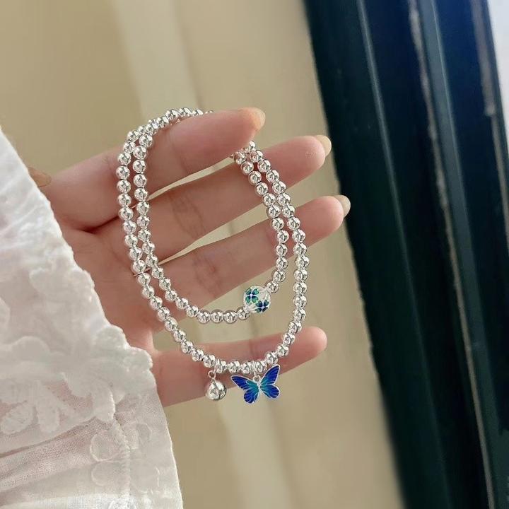 9999银珐琅彩蝴蝶手链花球手串手工弹力绳气质轻奢百搭设计感时尚