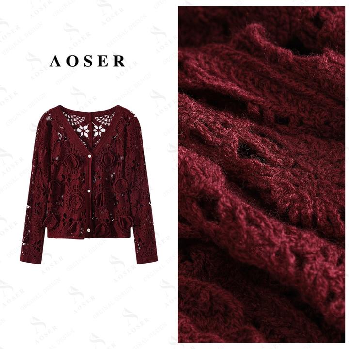 AOSER常规款小香风针织女装镂空长袖百搭提花毛针织衫2530