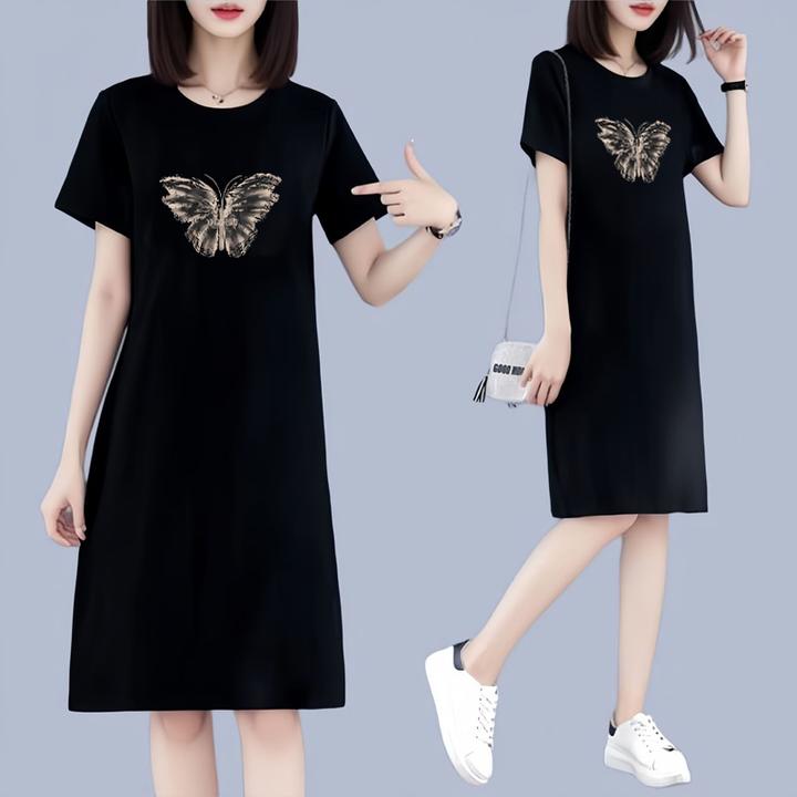 大码连衣裙长款过膝2025新款夏季韩版宽松显瘦短袖休闲t恤裙子女