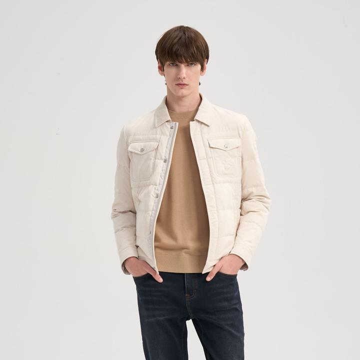 RARE威雅25秋冬浅咖色前胸袋垫棉绣超纤仿麂皮面料经典翻领羽绒服