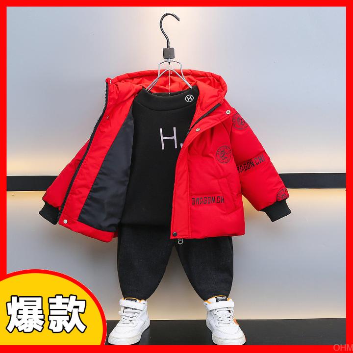 新款拜年男童棉服冬季棉衣2024儿童加厚外套棉袄宝宝冬装红色加绒