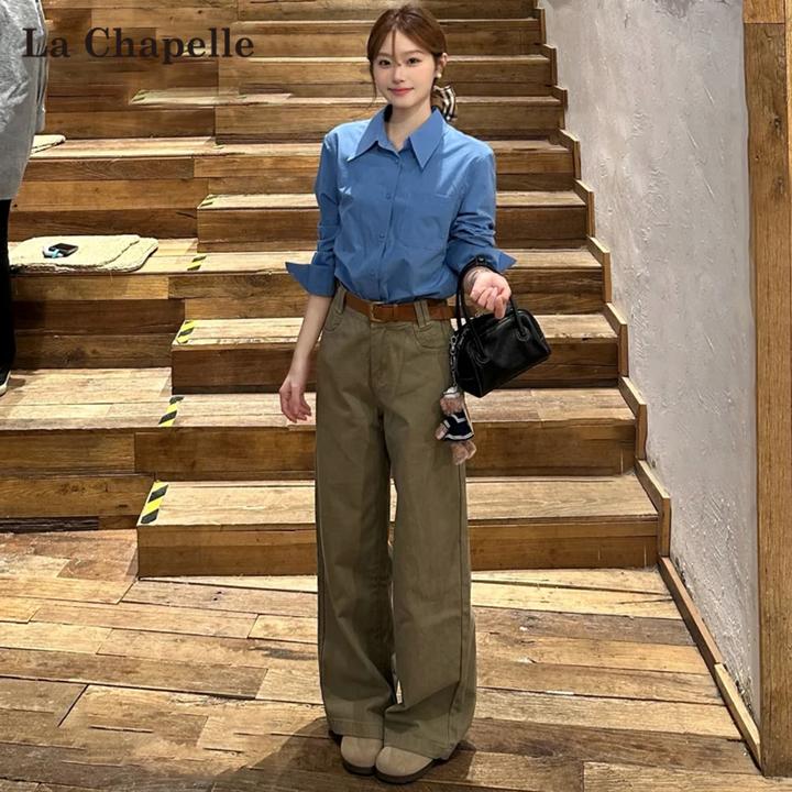 拉夏贝尔卡其色阔腿牛仔裤女秋2025新款高腰老钱风窄版拖地直筒裤