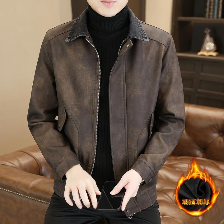 洛尼提日亚冬季新款翻领皮衣男士复古休闲加绒加厚保暖皮夹克外套