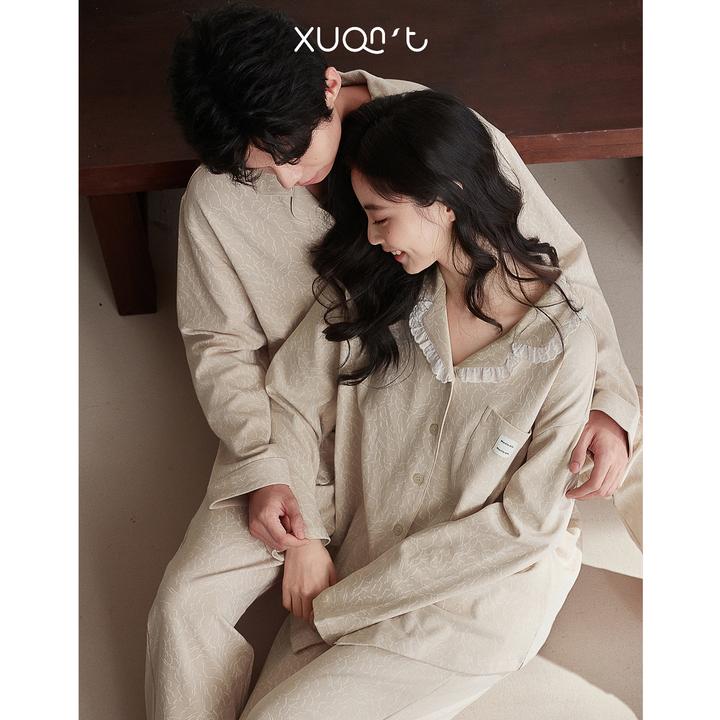 轩之婷春秋季睡衣情侣装一男一女士长袖纯棉时尚简约柔软棉家居服