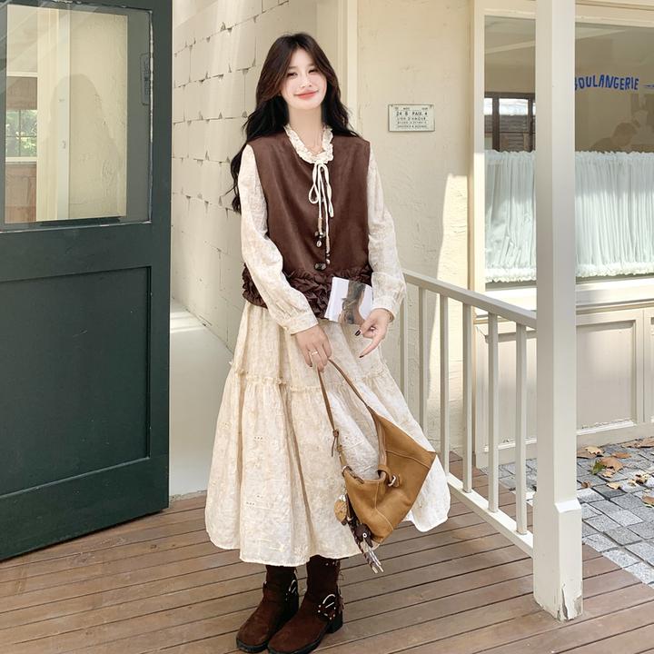 马甲套装女2025秋季新款韩系气质小个子老钱风皮马甲连衣裙两件套