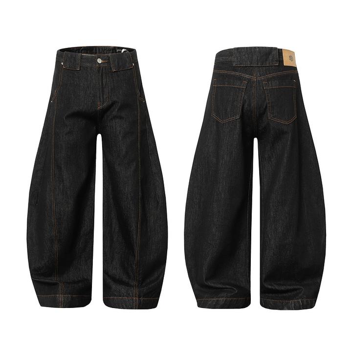 欧美街头风宽松休闲弯刀版型牛仔裤日系复古裁剪黑色阔脚长裤男女