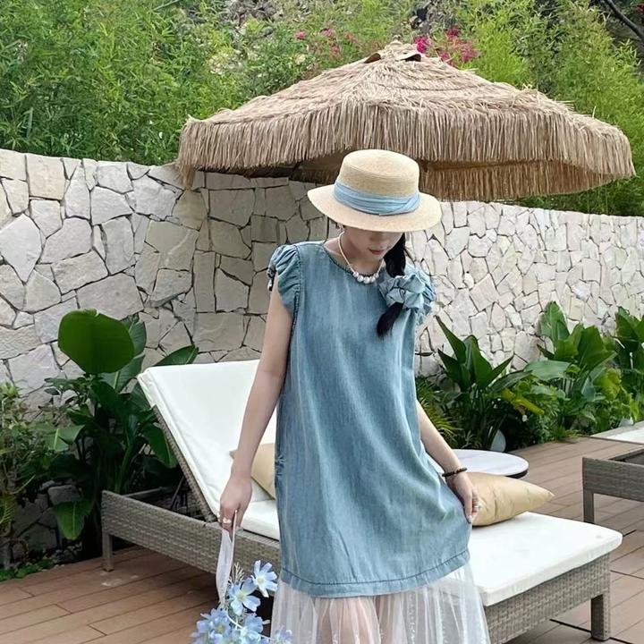 南油小众欧货2025夏季款牛仔拼网纱刺绣飞飞袖连衣裙宽松显瘦长裙