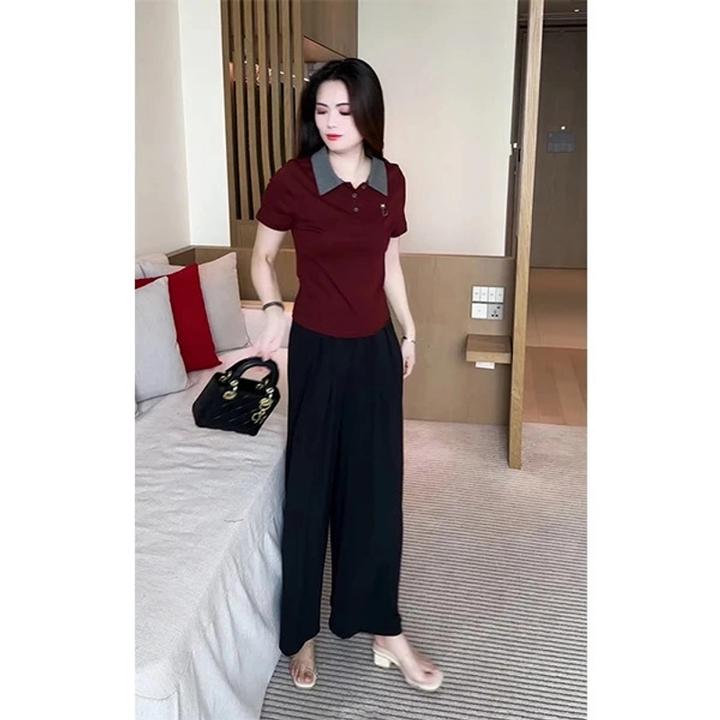 时尚套装女夏季显瘦T恤小众减龄方领短袖花边短上衣阔腿裤两件套