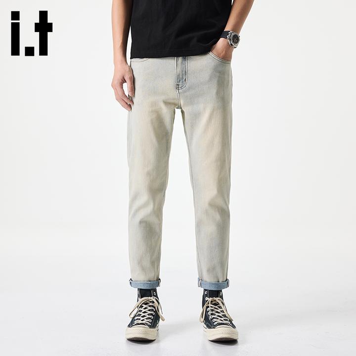 i.tizzue牛仔裤潮牌美式复古显瘦高街百搭九分裤男修身裤子直筒