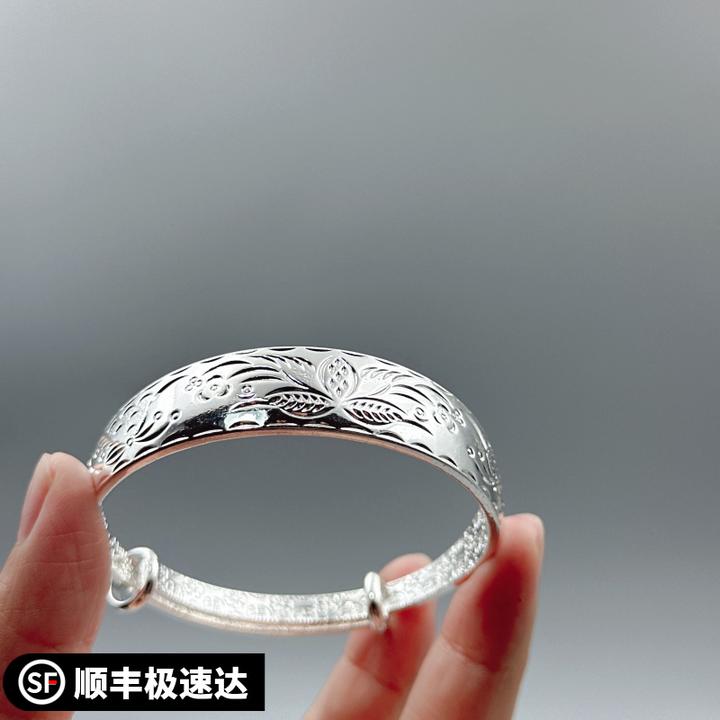 足银手镯 妈妈款银手镯女繁花似锦9999银实心生日送奶奶银饰老年