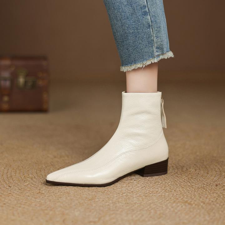 头层羊皮~3cm秋冬季软皮裸靴尖头低跟粗跟单靴法式复古短靴妈妈鞋