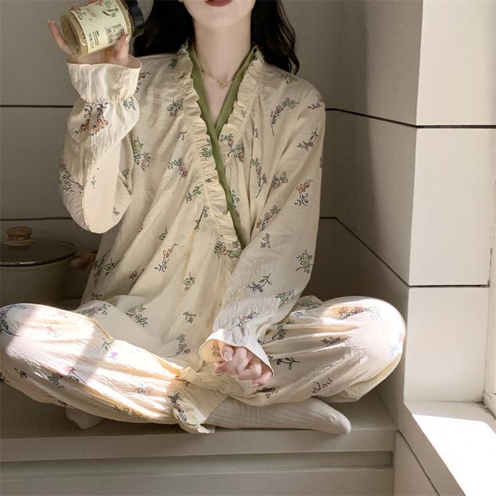 2025新款春秋季长袖新中式系带碎花睡衣女高级感家居服套装可外穿