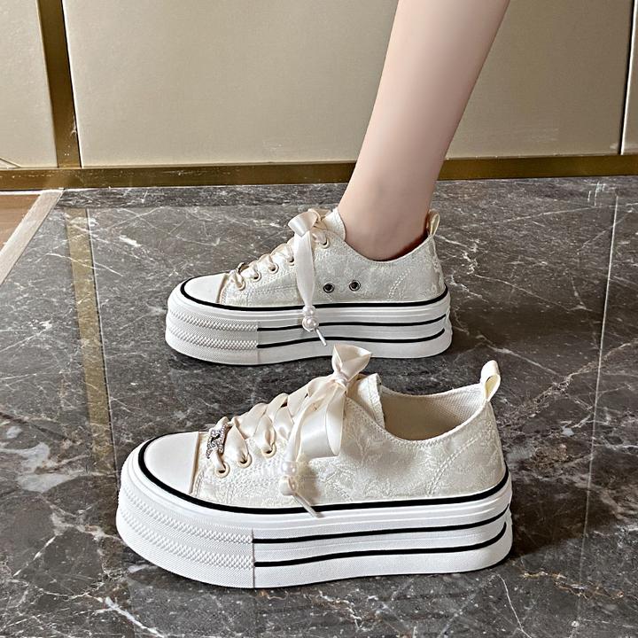 新中式国潮风小众帆布鞋女2024夏季新款厚底小个子休闲板鞋小白鞋