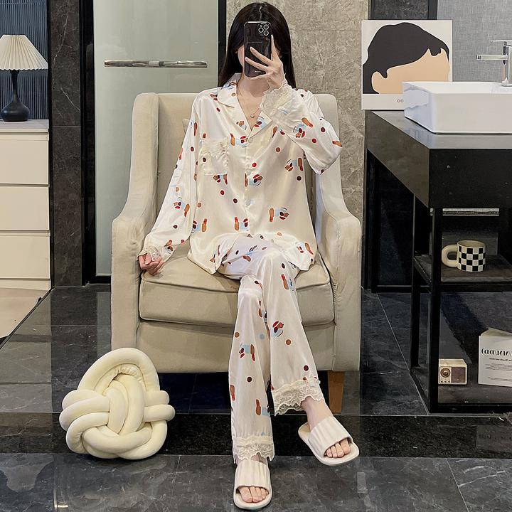 睡衣女春秋季冰丝长袖薄款大码2025新款舒适夏天蓝衣狗套装家居服