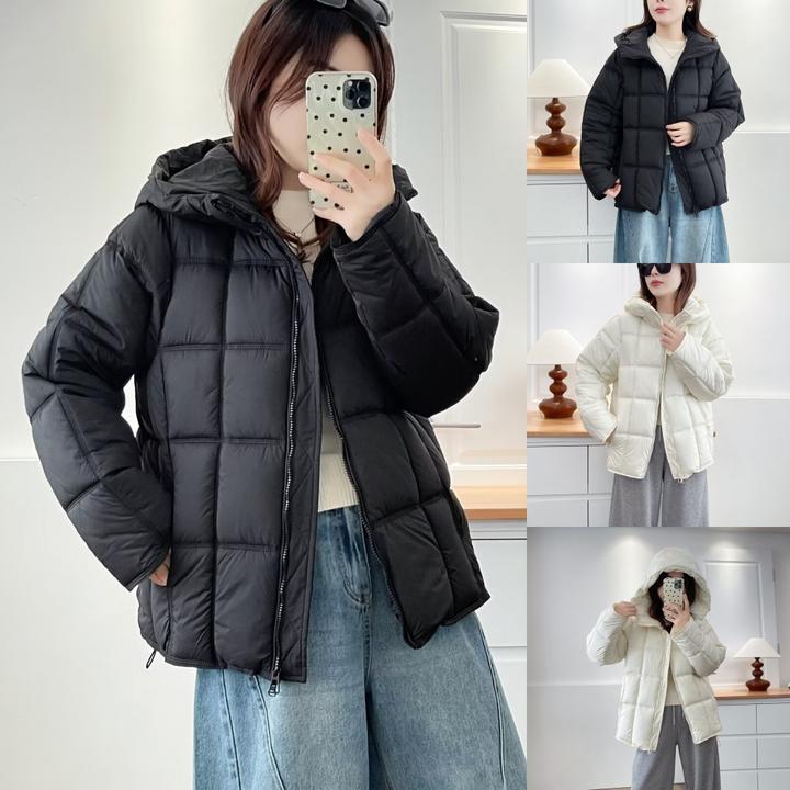 大码胖mm2025冬季新款方块连帽羽绒棉服女宽松显瘦保暖外套6119