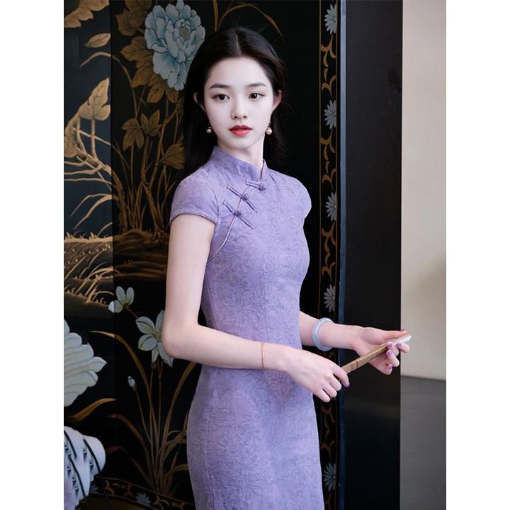 画报夫人【设计师款】温辞紫色新中式提花改良旗袍裙女2025春夏复