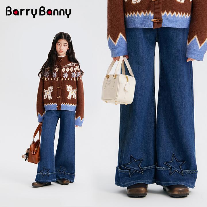 BarryBanny女童费尔岛复古毛衣开衫套装2025新款秋冬儿童针织外套