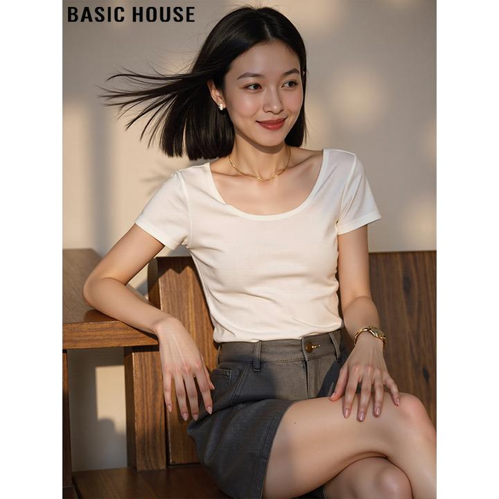 Basic House/百家好气质大圆领白色短袖T恤女夏修身正肩体恤上衣