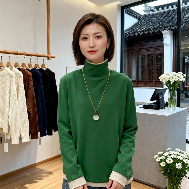 撞色设计感秋冬季新款内搭假两件高领双面绒保暖长袖打底衫女装