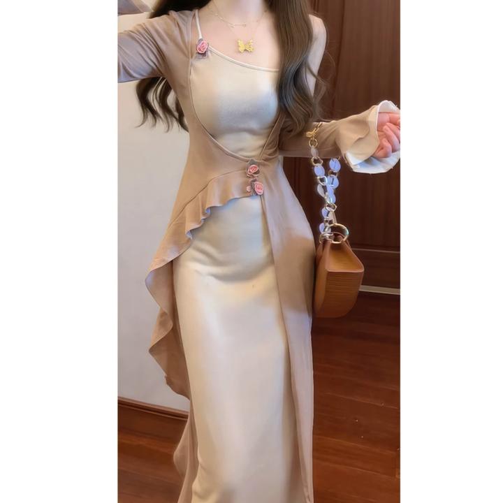 LACAH枯木系新中式国风复古荷叶边假两套连衣裙女秋季新款收腰气