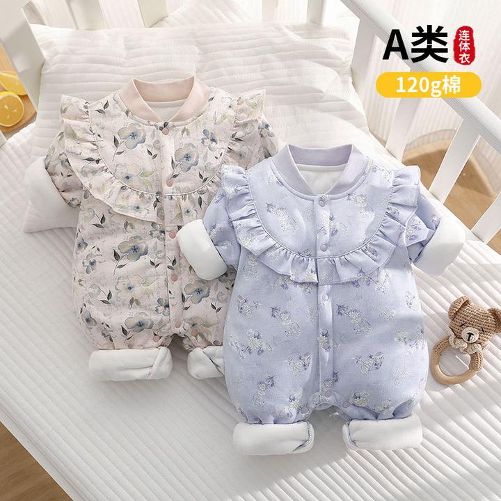 【冬季女宝宝衣服】婴儿连体衣加厚保暖爬爬服夹棉公主风洋气哈衣