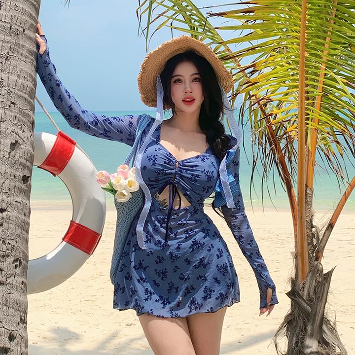 2025大码纯欲风胖mm长袖显瘦遮肚保守泳衣海边度假温泉泳装游泳衣