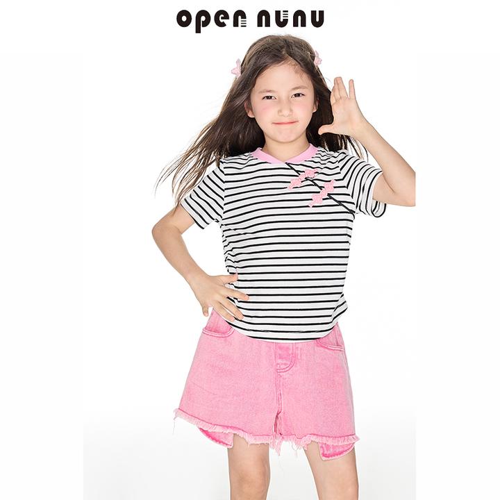Opennunu女童全棉毛边流苏牛仔短裤夏季复古不规则口袋百搭热裤