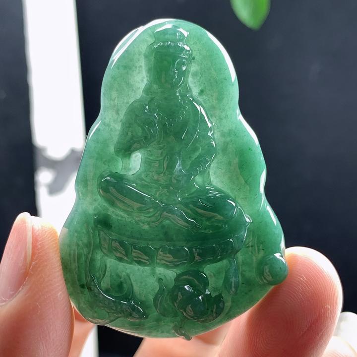 优惠纯天然A货翡翠蓝绿色雪花棉守护神坐莲观音菩萨精雕送礼