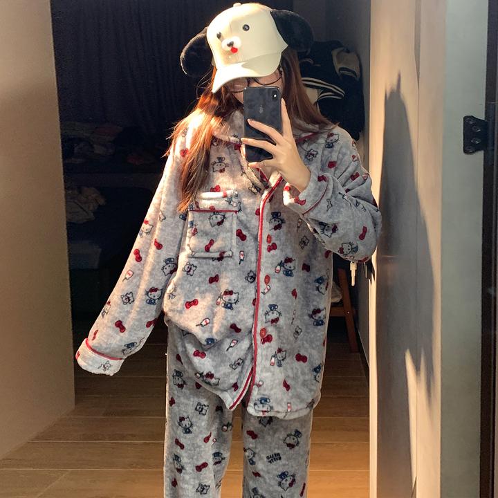 珊瑚绒睡衣女秋冬季大码加厚法兰绒可外穿红结猫咪套装冬天家居服