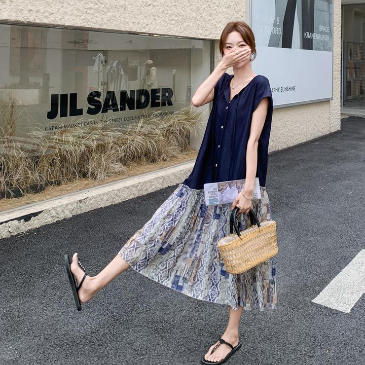 文艺风穿搭连衣裙女2025夏设计感小众拼接碎花衬衫裙超好看连身裙