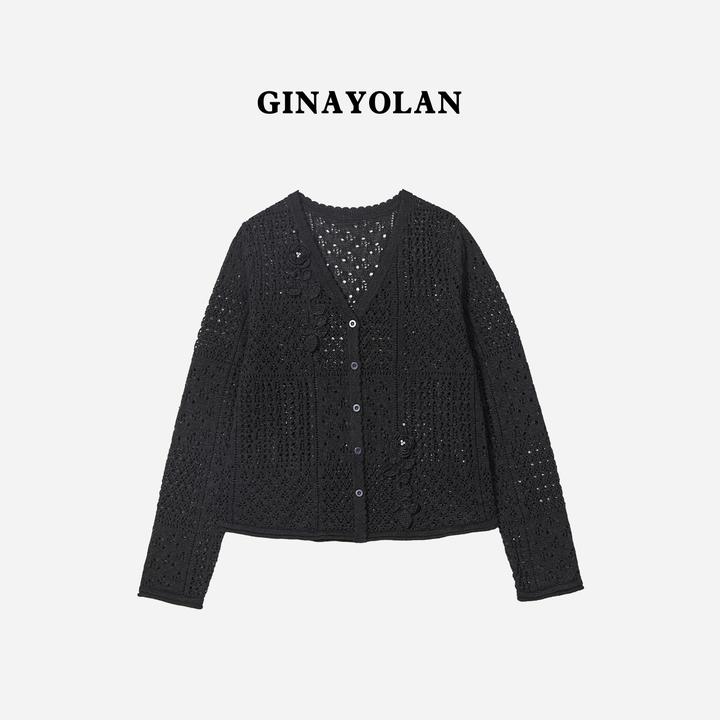 GINAYOLAN/瑾颜【重工钩花】奢华面料针织气质镂空钉钻开衫女
